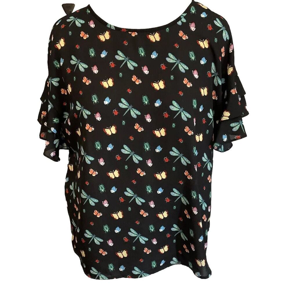 Como Vintage Short Ruffled Sleeve Pullover Black Print Casual Top Shirt XL